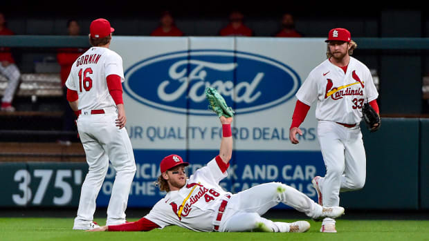 St. Louis Cardinals infielder Nolan Gorman, former St. Louis Cardinals outfielder Harrison Bader, and St. Louis Cardinals outfielder Brendan Donovan